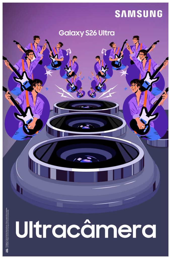 Galaxy S26 Ultra camera lens and illustrated guitarists for Samsung at Lollapalooza 2026