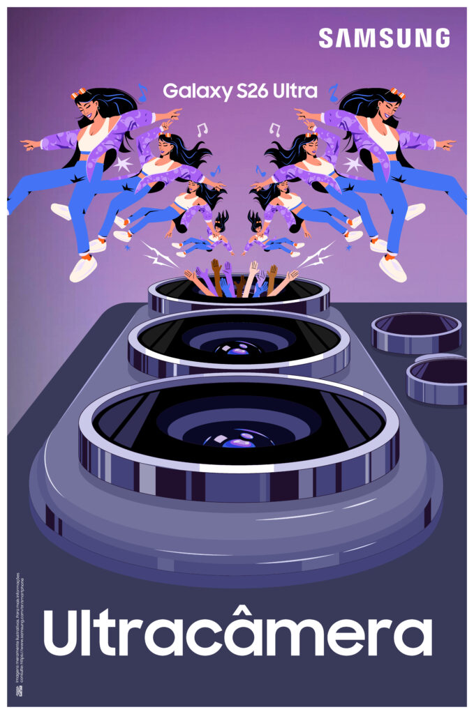 Oversized phone camera lens surrounded by illustrated festivalgoers for Samsung Lollapalooza 2026