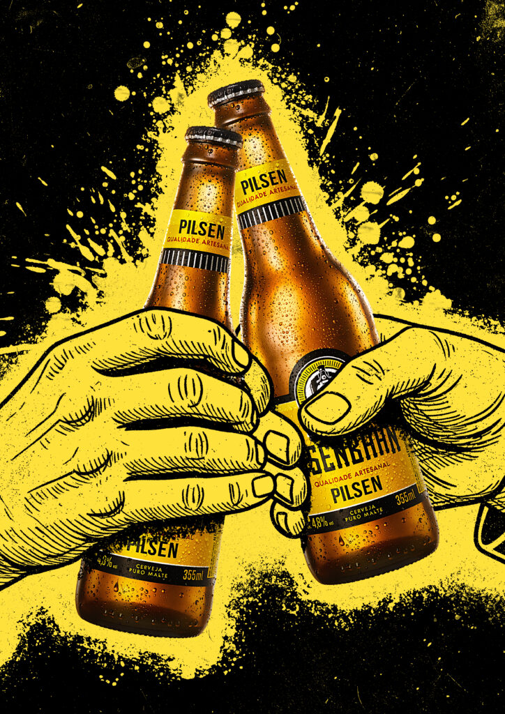 Close-up of illustrated hands clinking Eisenbahn Pilsen bottles over a yellow burst