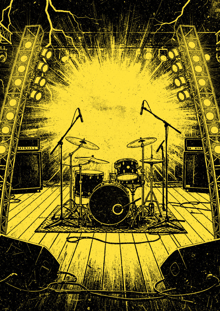 Illustrated drum kit on a stage against a yellow burst for Eisenbahn