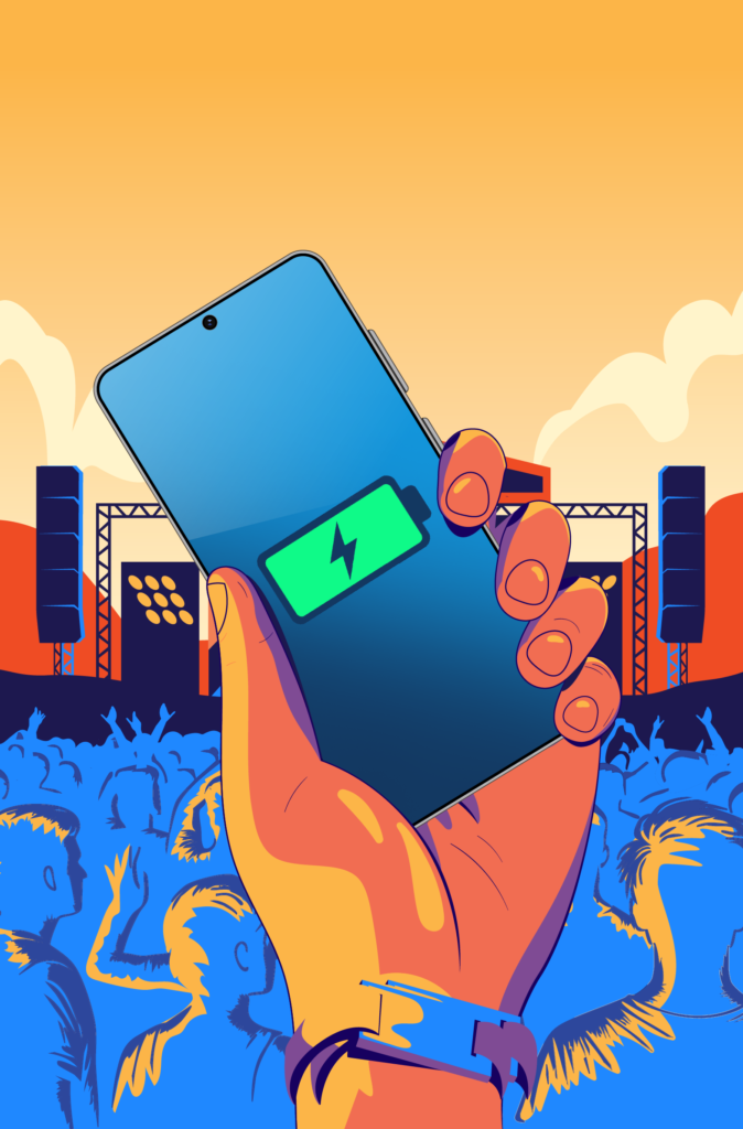 Hand holding a phone with a battery icon among festivalgoers for Samsung Lollapalooza 2025