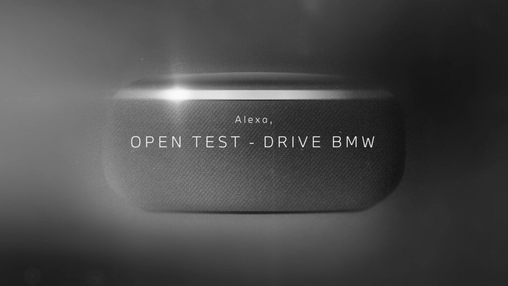 Smart speaker with a glowing light and the Alexa test drive BMW voice command.