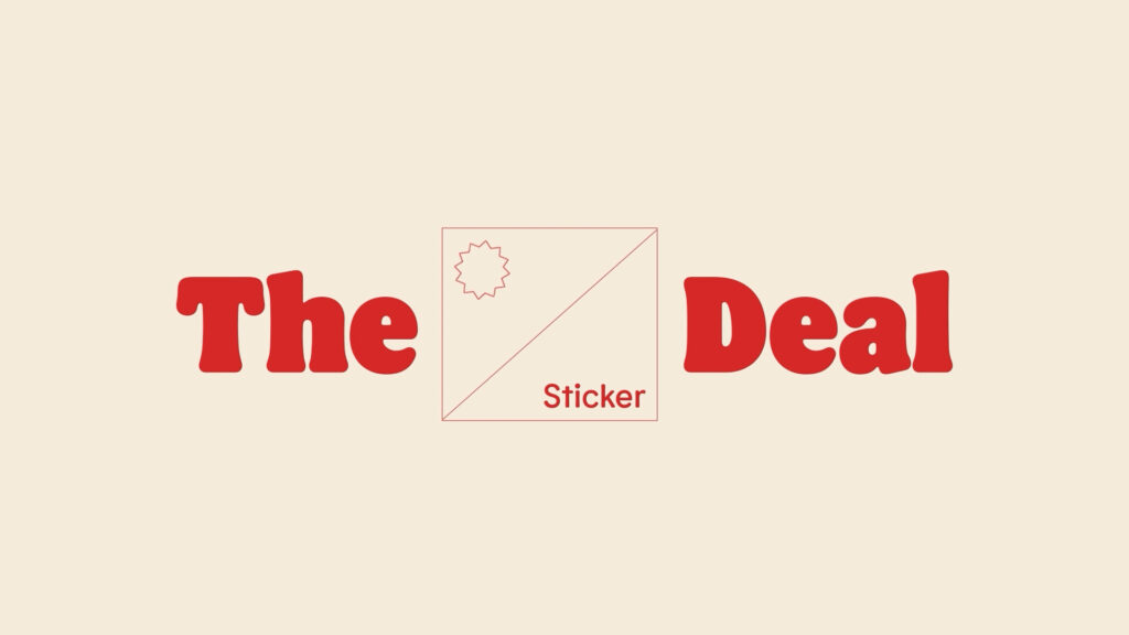 Red lettering for The Sticker Deal on a cream background.