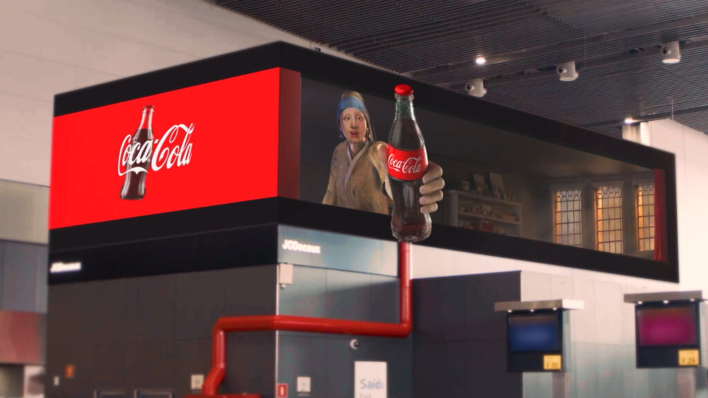 Coca-Cola 3D billboard and red pipe installation at Guarulhos Airport.