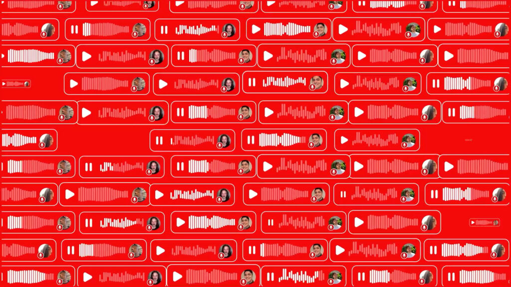 Grid of voice messages with audio waveforms shaped like Coca-Cola bottles.