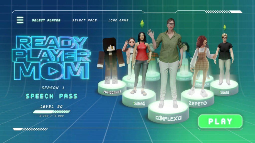 Game character selection screen featuring mother avatars in Ready Player Mom.