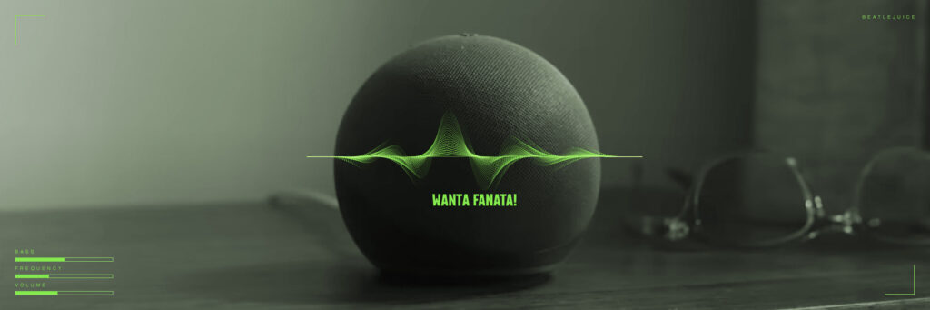 Smart speaker surrounded by green audio waveforms in the Fanta campaign.